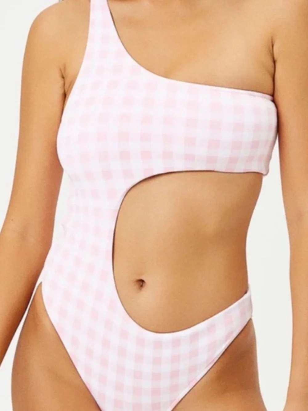 NWOT FRANKIES Bikinis cash one piece one shoulder in pink picnic gingham size S